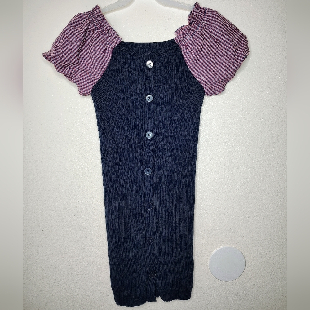 Maeve By Anthropologie PuffSleeved Navy Blue and Striped Button Front Dress Sz S - Picture 6 of 16